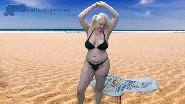 Blonde in a Thong Bikini Gets a CFNM Dick-Flash Cumshot in a Public Beach